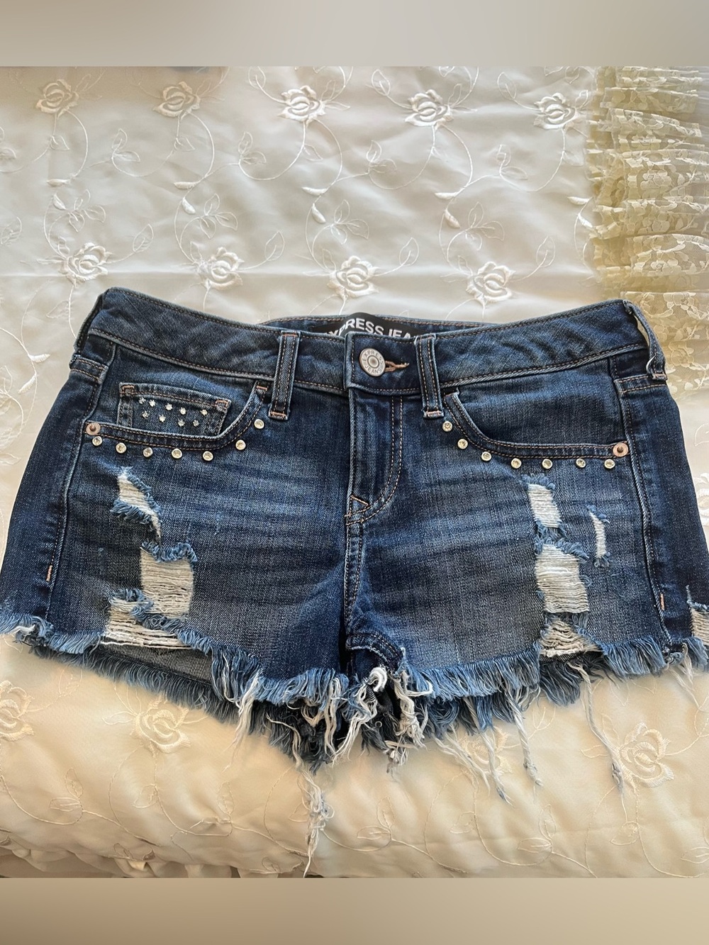 Women's Distressed Denim Shorts with Rhinestones - Dark Blue